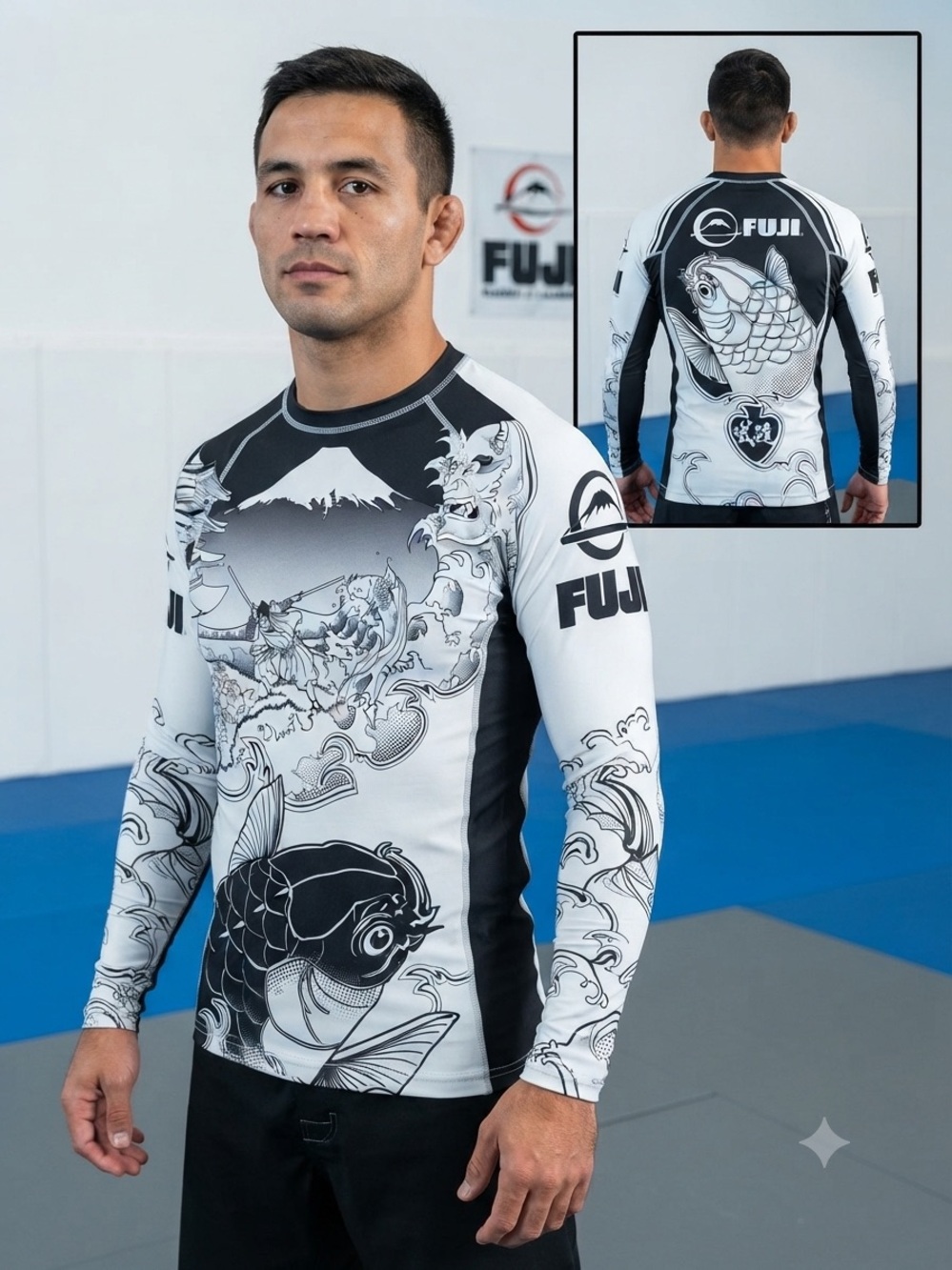 FUJI Sakana Musashi BJJ Rash Guard Long Sleeve Compression Shirt XS Samurai Koi